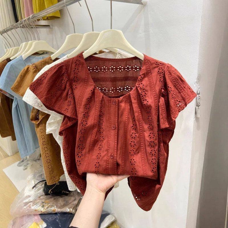 法式刺绣蕾丝小飞袖衬衫女2025夏天设计感减龄洋气娃娃衫小众上衣,女装/女士精品,衬衫,淘宝优惠券,粉丝福利购,淘宝优惠卷