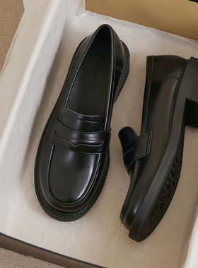 牛皮~黑色真皮小皮鞋女通勤鞋子英伦乐福平底单鞋大码41到43女鞋