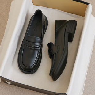 羊皮版~黑色英伦小皮鞋女平底面试通勤单鞋一脚蹬乐福鞋大码女鞋