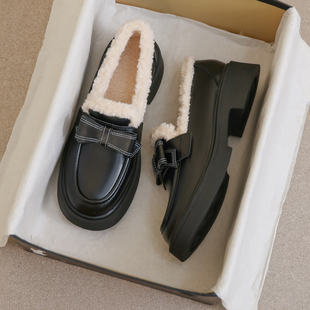 秋冬加绒英伦厚底毛毛雪地靴乐福鞋 牛皮版 女鞋 41到43小皮鞋 大码