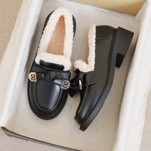 牛皮版~大码厚底英伦小皮鞋女款2025新款冬季毛毛加绒棉鞋乐福鞋