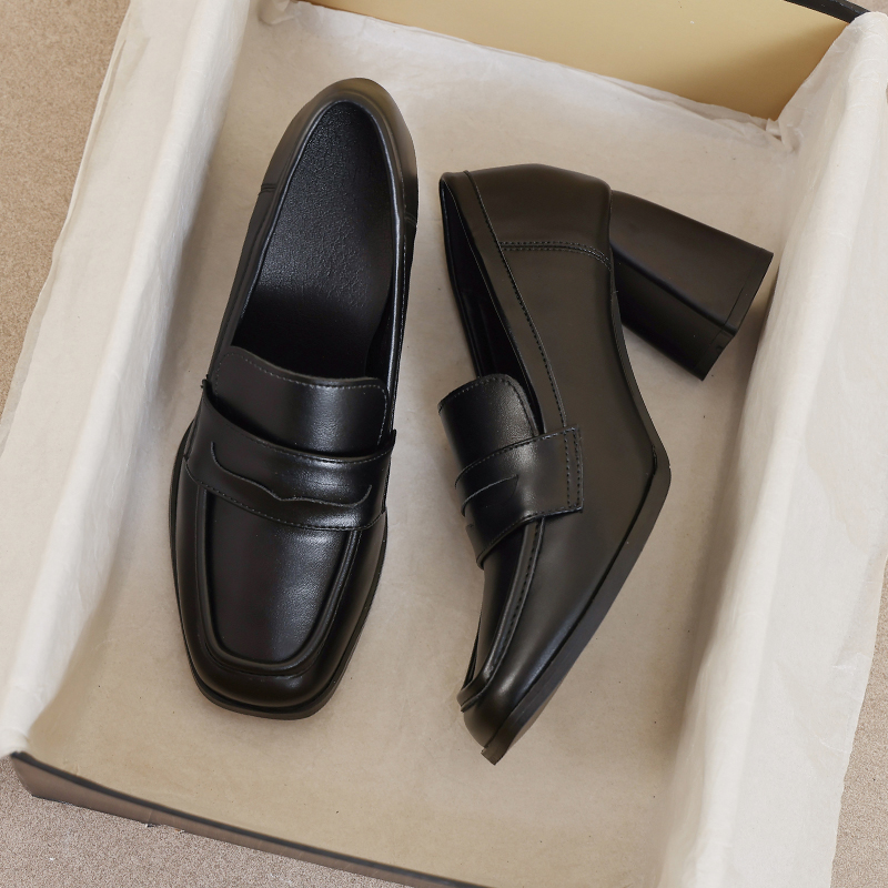 羊皮款~高级感乐福鞋一脚蹬女款2026新款春秋高跟34码黑色小皮鞋