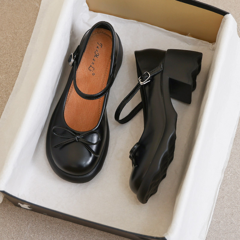 羊皮版~玛丽珍女鞋2026新款夏季英伦风黑色高跟34码配裙子小皮鞋