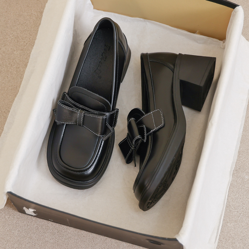 牛皮版~34码通勤英伦风乐福鞋女复古一脚蹬小皮鞋高跟鞋百搭单鞋