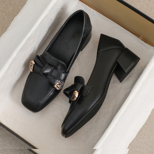 乐福鞋 秋冬鞋 牛皮版 女2025新款 子英伦风黑色高跟加绒爆款 小皮鞋