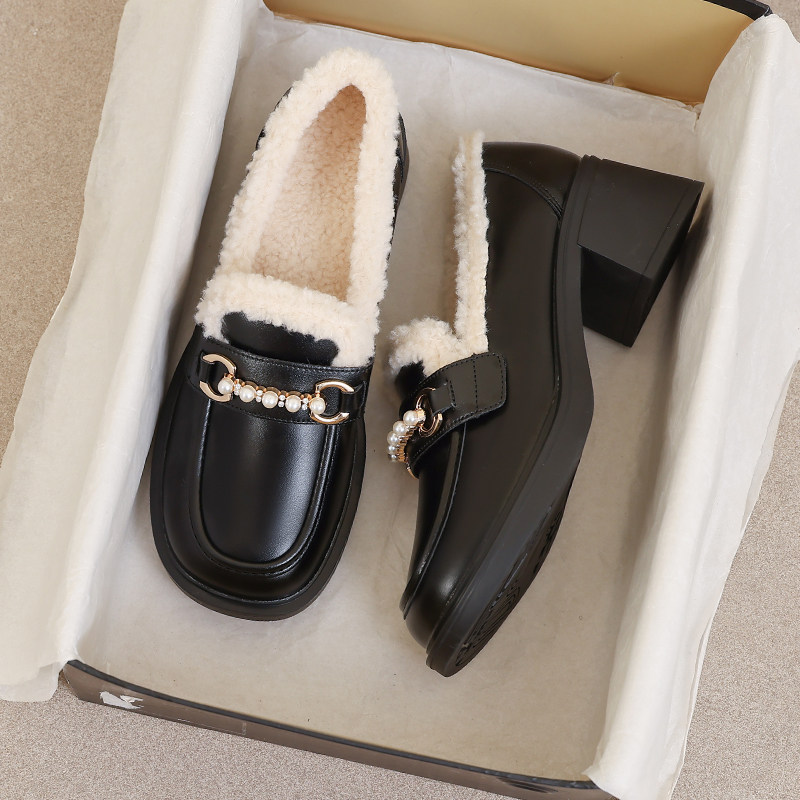 羊皮版~高跟毛毛乐福鞋女款2026新款秋冬鞋子小皮鞋加绒保暖棉鞋