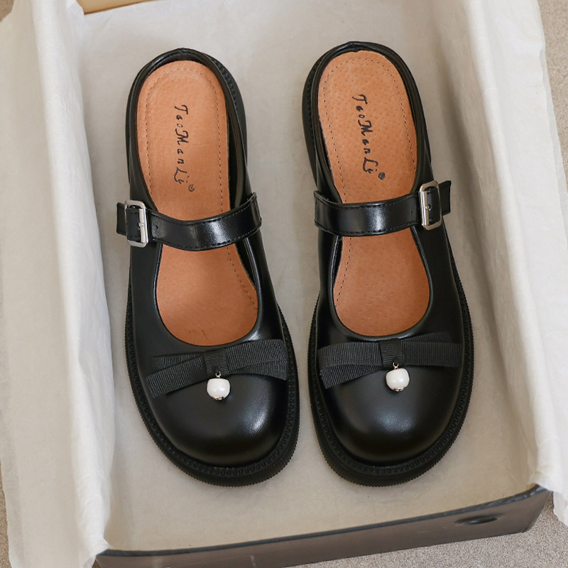 羊皮版~大码41到43女鞋半拖鞋夏季外穿黑色配裙子平底外穿凉拖鞋