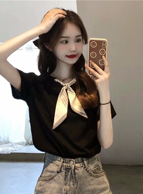 黑色显瘦纯棉短袖女丝带领结小众设计感夏季绑带t恤正肩宽松上衣