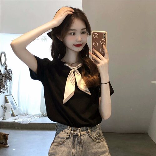 丝带短袖t恤女正肩纯棉小众