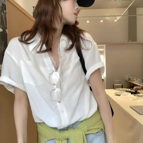 法式蕾丝拼接短袖衬衫女2026夏季新款高级感气质百搭显瘦设计上衣