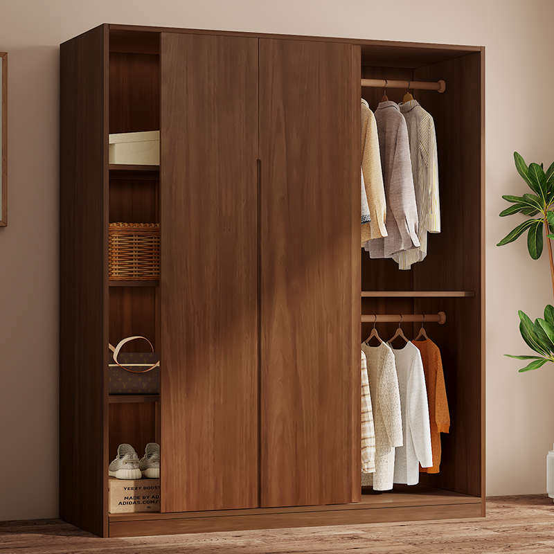 橡木推拉门衣柜家用卧室胡桃色现代简约全实木多功能小户型挂衣柜