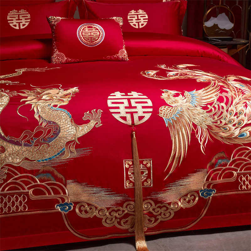 中式高档龙凤婚庆四件套大红色100S纯棉被套结婚送礼喜被床上用品