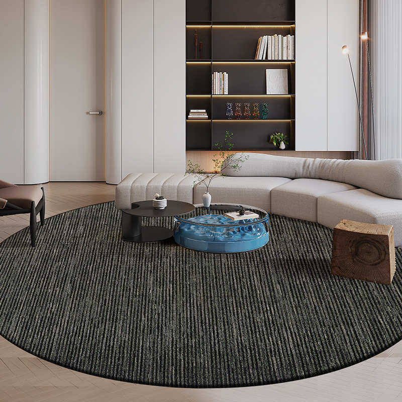圆形地毯客厅混纺茶几毯现代简约高级灰沙发垫卧室毯黑竖条纹极简