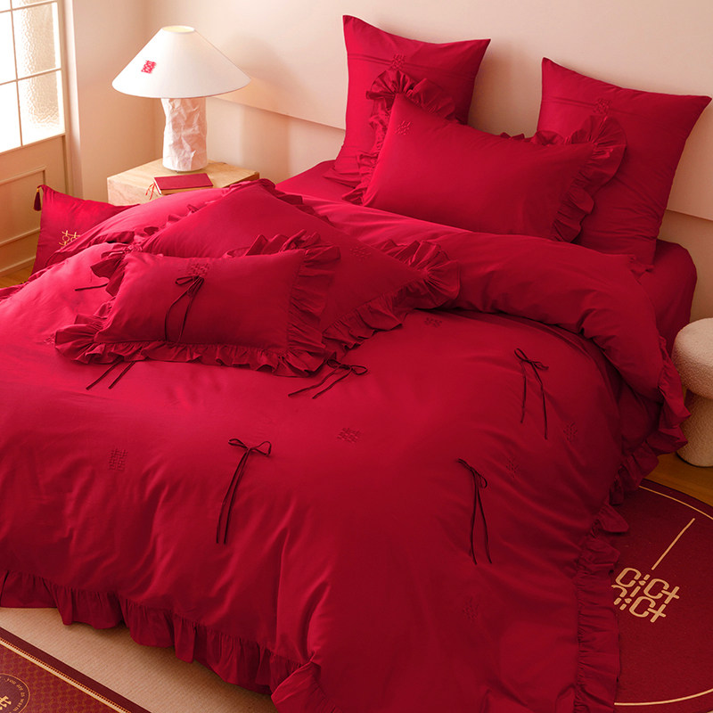 法式结婚四件套婚庆刺绣被套大红色床单喜被罩高级感床上用品新婚