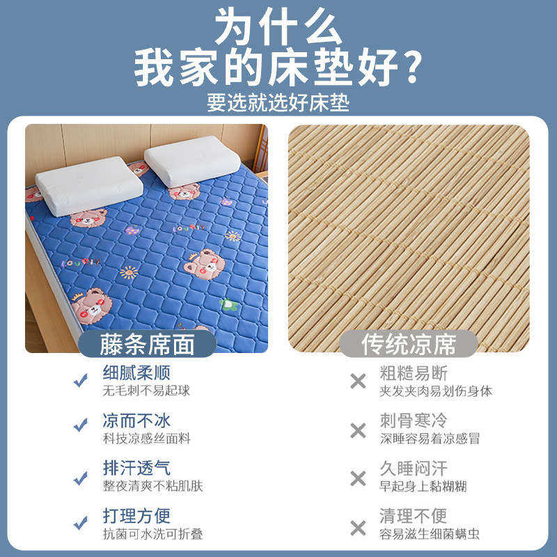 冬夏两用凉席藤席双面单人学生宿舍折叠软冰丝席子裸睡床垫三件套