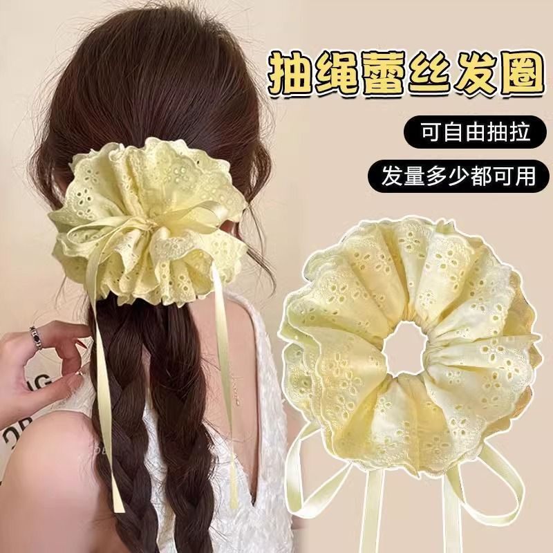 法式温柔抽绳发圈超大头花丸子头马尾扎发绳蕾丝花边大肠头绳皮筋图片