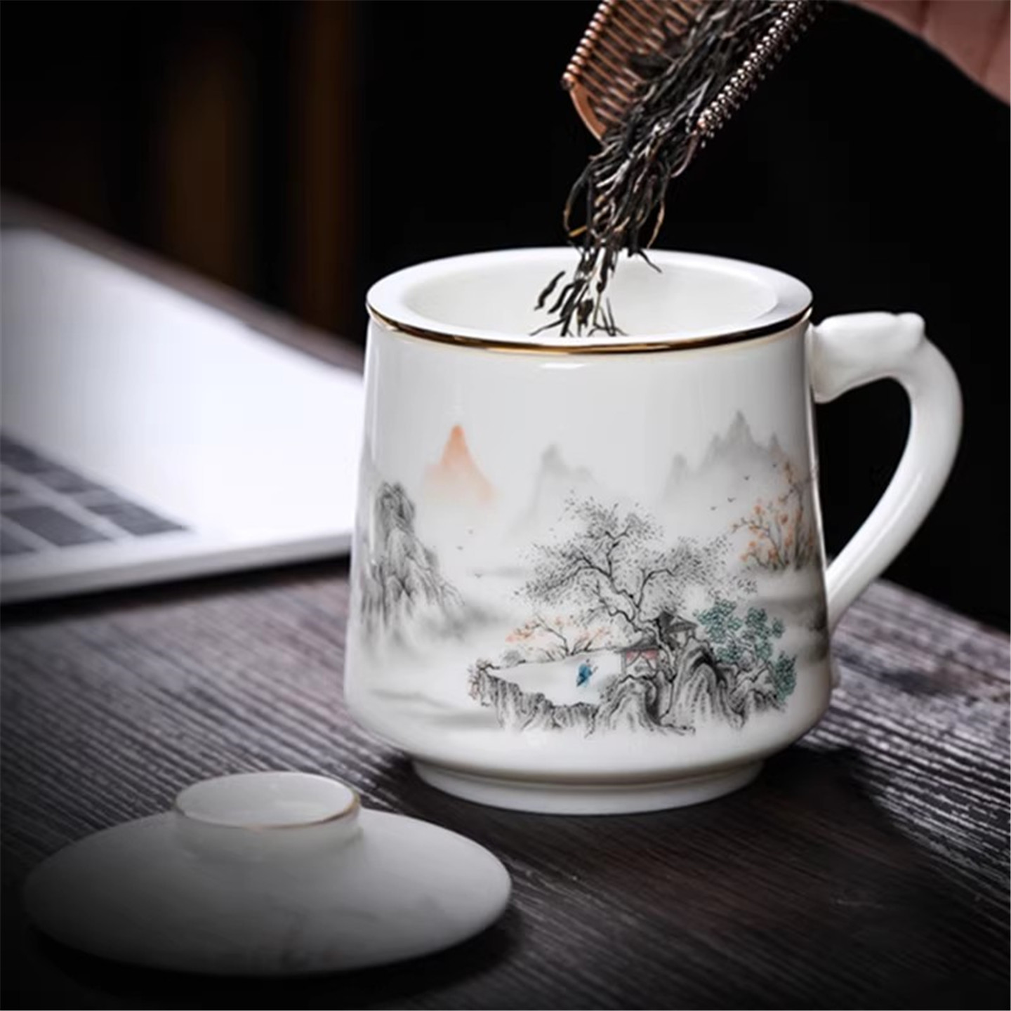 办公室泡茶杯茶水分离陶瓷高端带盖子男女羊脂玉个人专用送礼家用