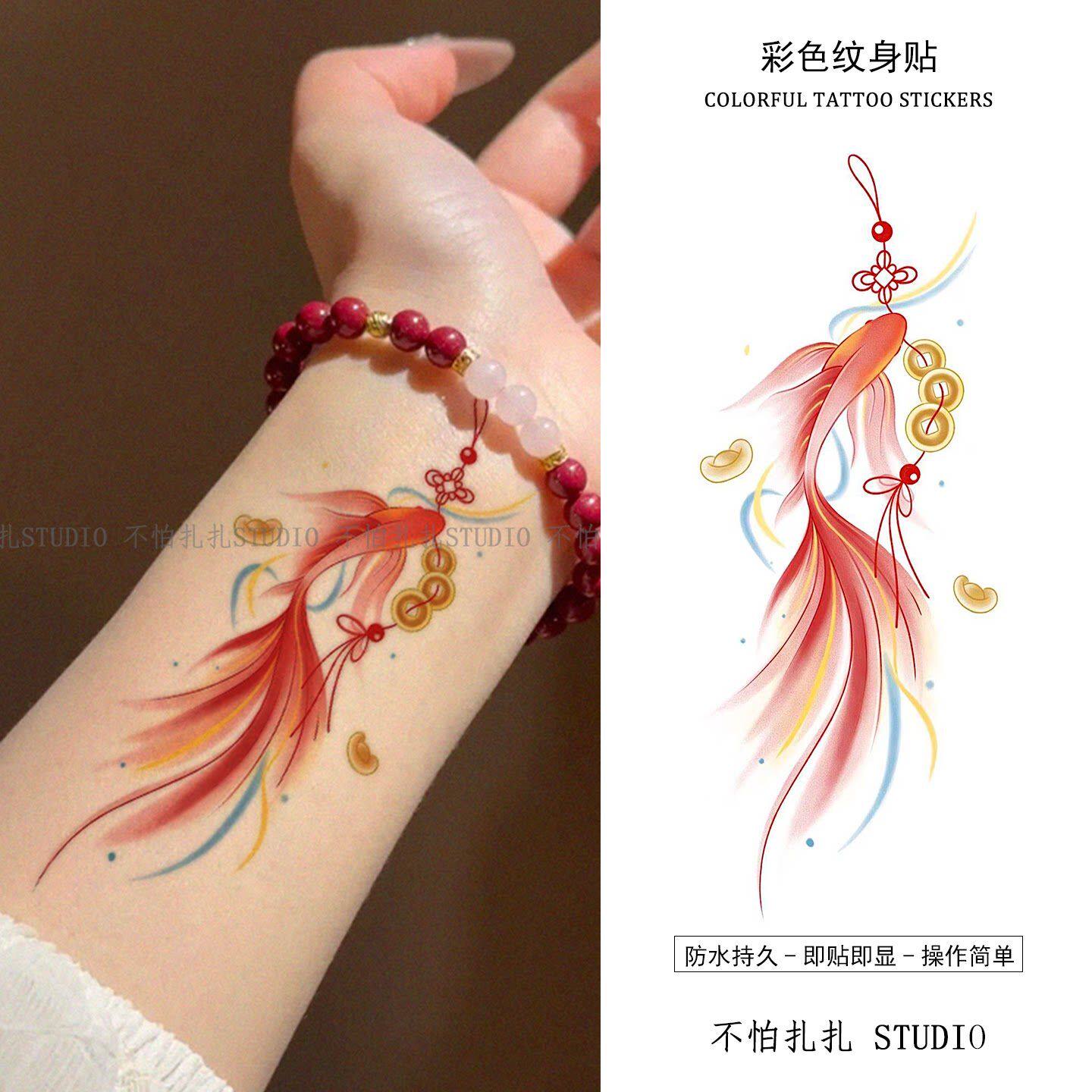 胳膊遮疤纹身贴新中式国风招财锦鲤彩色纹身贴纸女防水防汗遮疤in