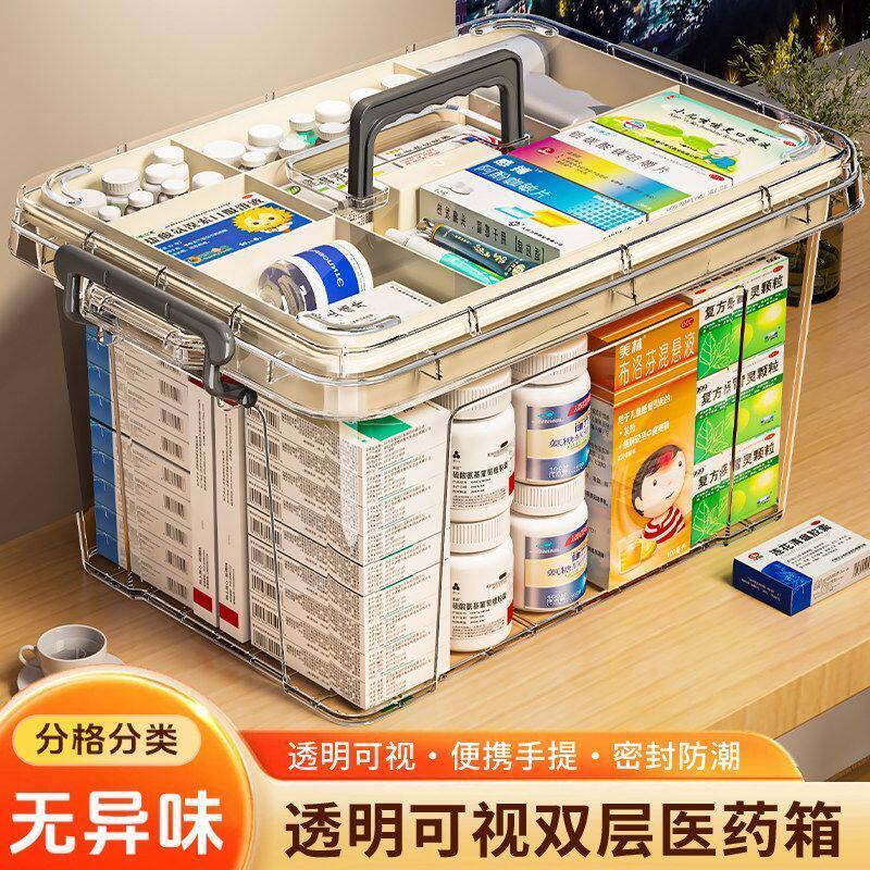 医用分格收纳盒医用收纳盒大容量药物收纳箱透明多格医药箱家用双