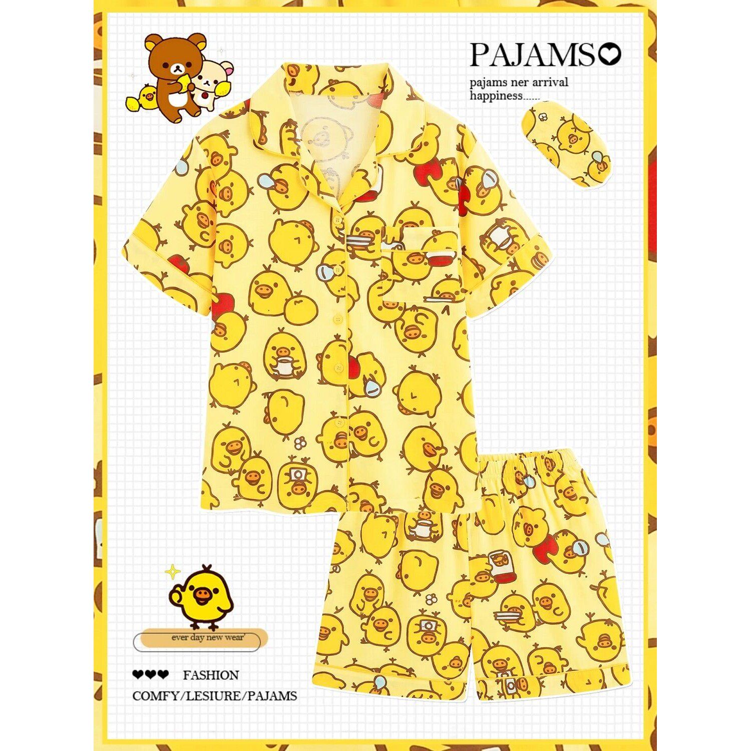 鼻孔鸡衣服鼻孔小鸡睡衣女夏季短袖短裤纯棉薄款卡通可爱黄色搞怪