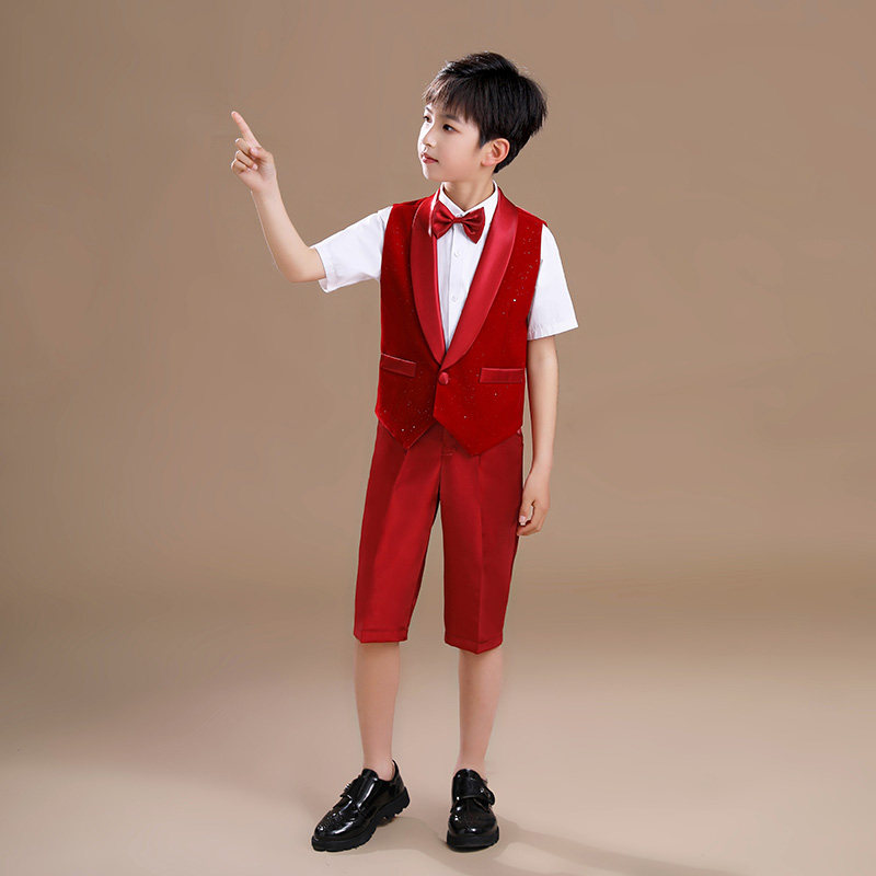 儿童红色平绒马甲钢琴礼服男童短袖衬衫短裤四件套管弦乐演出服装
