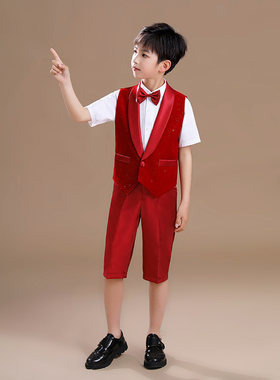 男童红色平绒彩金马甲钢琴礼服短