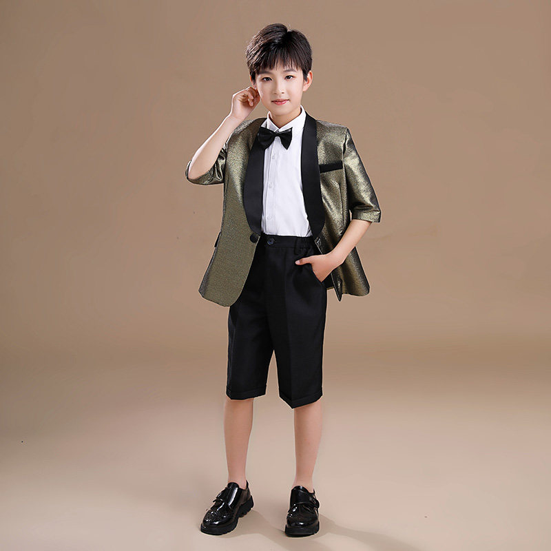 儿童黄绿色钢琴礼服男童中袖西装衬衫短裤四件套套装合唱团演出服