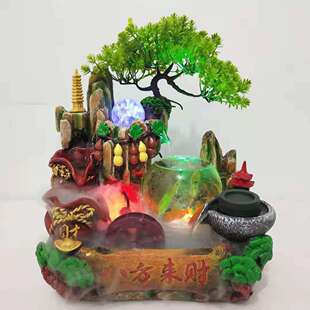 2023新款 假山流水喷泉客厅摆件景观鱼缸加湿仿真树叶树脂流水摆件