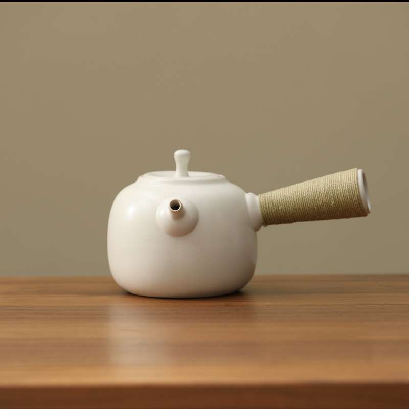 日式麻绳侧把壶苏打釉白泥陶壶陶瓷围炉煮茶壶泡茶烧水壶工夫茶壶