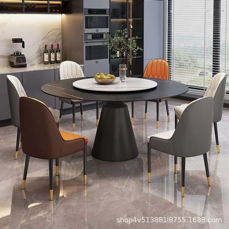 岩板餐桌椅组合意式轻奢家用中小户型圆桌现代简约带转盘圆形饭桌