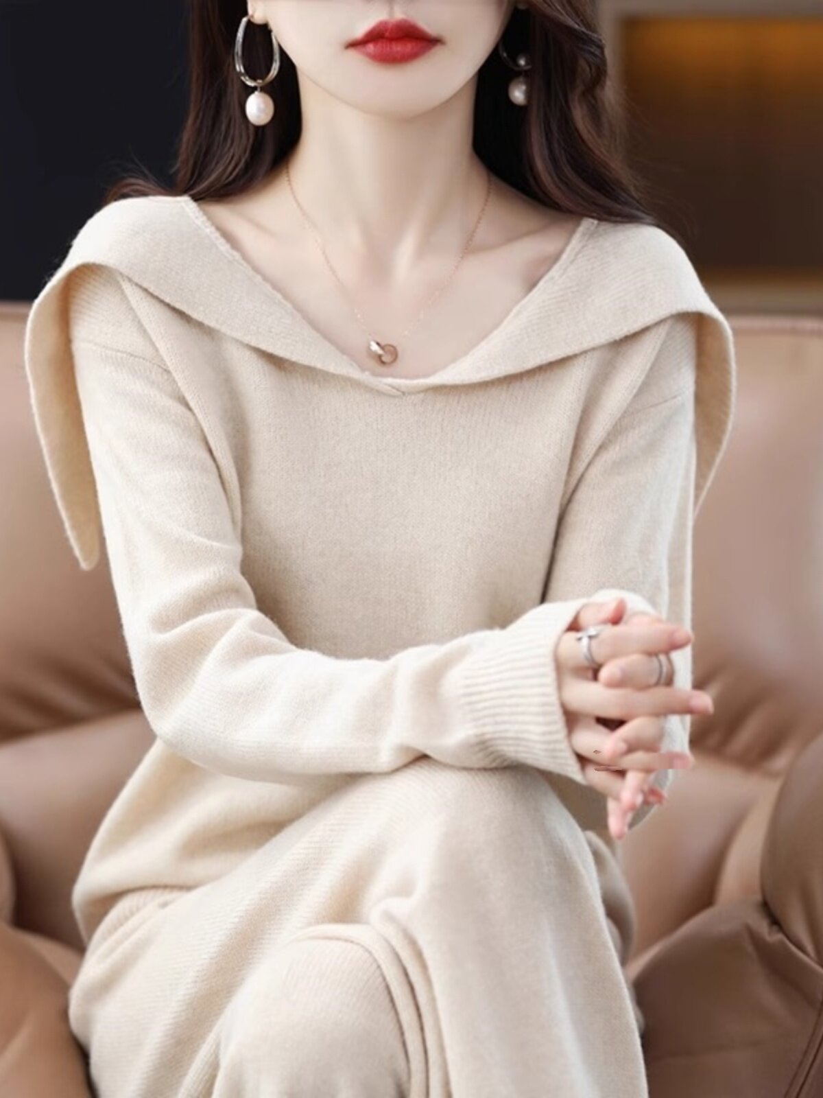 칭다오 대외 무역 브랜드 카운터 캐시미어 정장 여성 가을 겨울 느슨한 니트 와이드 팬츠 세련된 울 투피스 세트