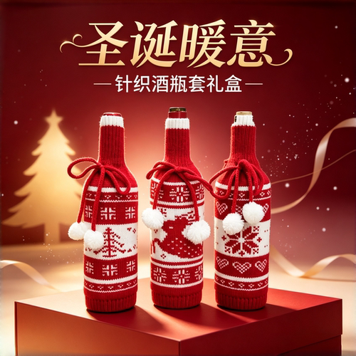 圣诞麋鹿雪花针织红酒瓶套