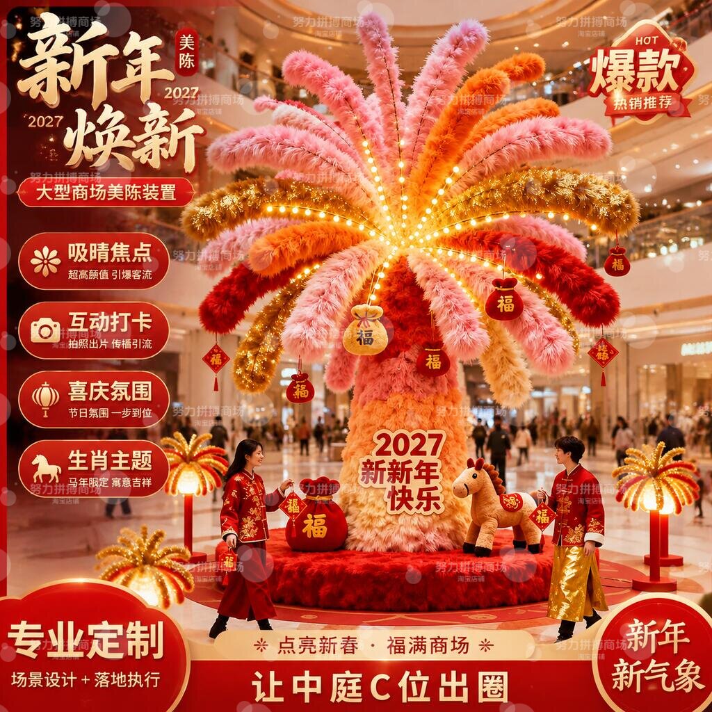 2027新年春节商场美陈装饰大型毛绒树拍照打卡布置道具