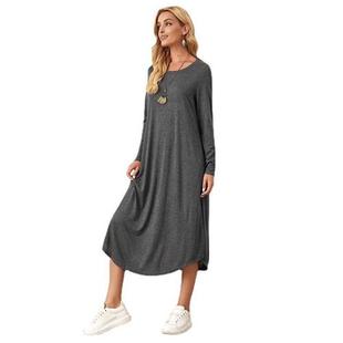 curved solid loose color dress casual sleeve hem long