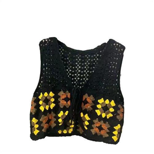 Retro Hollow Granny Square Hook-and-loop Vest Versatile