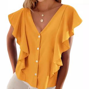 Loose Cap Ladies Ruffle Shirt Sleeves Neck Casual