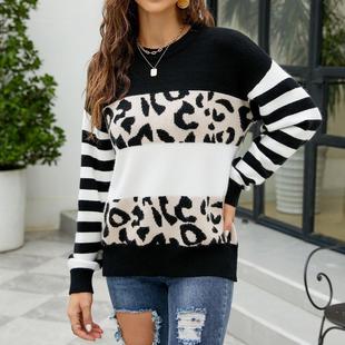 sweater womens leopard striped round print Contrast lazy