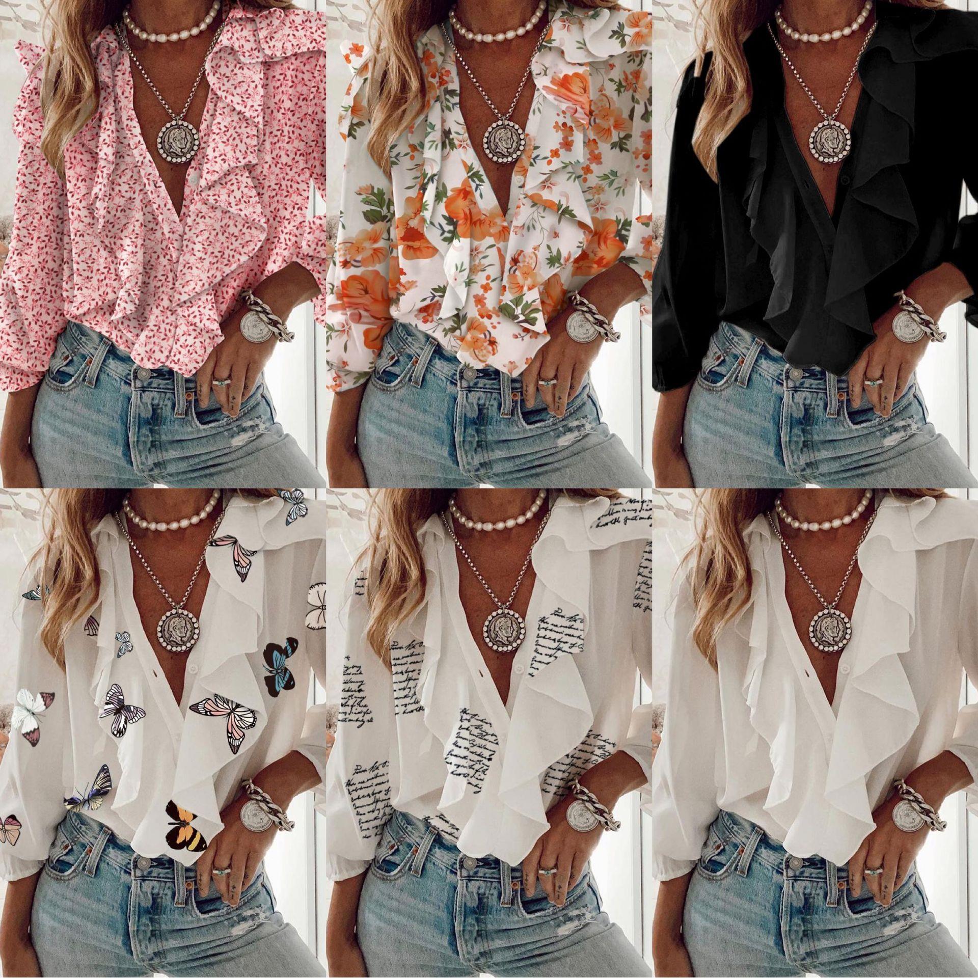 Top Fashion Sleeve Long V-Neck Shirt Commuter Loose Chiffon