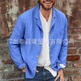 jacket collar Mens linen loose color tops and casual cotton