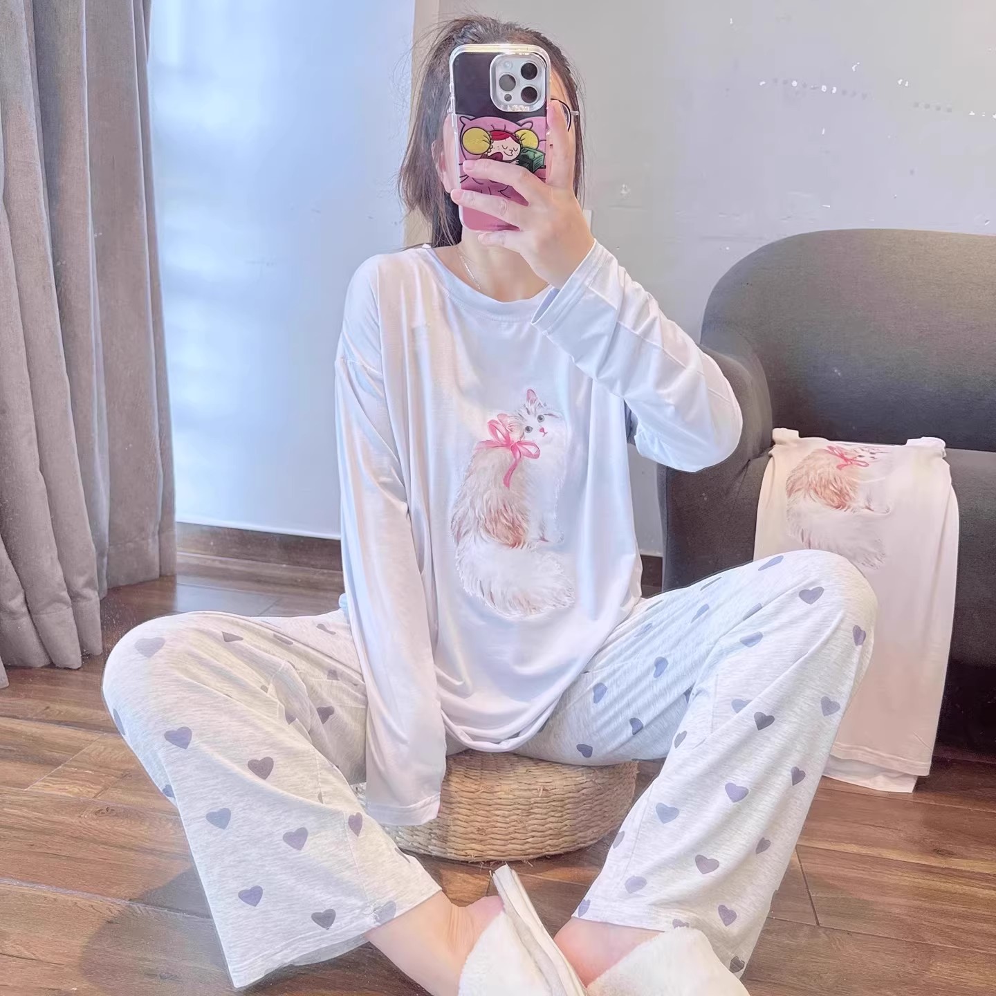 2025可爱猫咪莫代尔棉睡衣女春秋柔软圆领甜美长袖长裤家居服套装