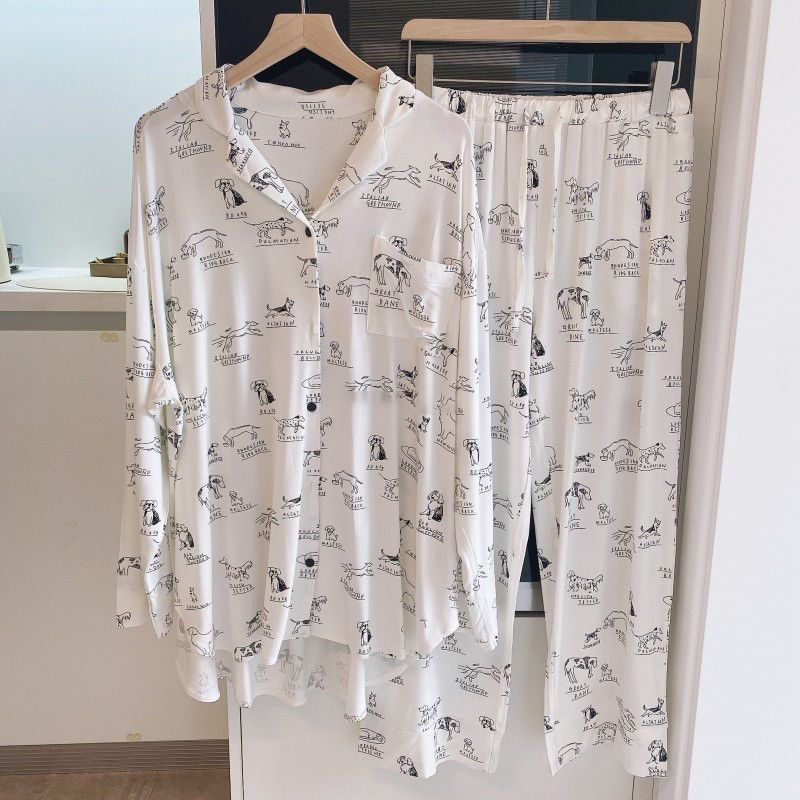 日系莫代尔纯棉睡衣女简约舒适长袖长裤两件套宽松开衫居家服套装