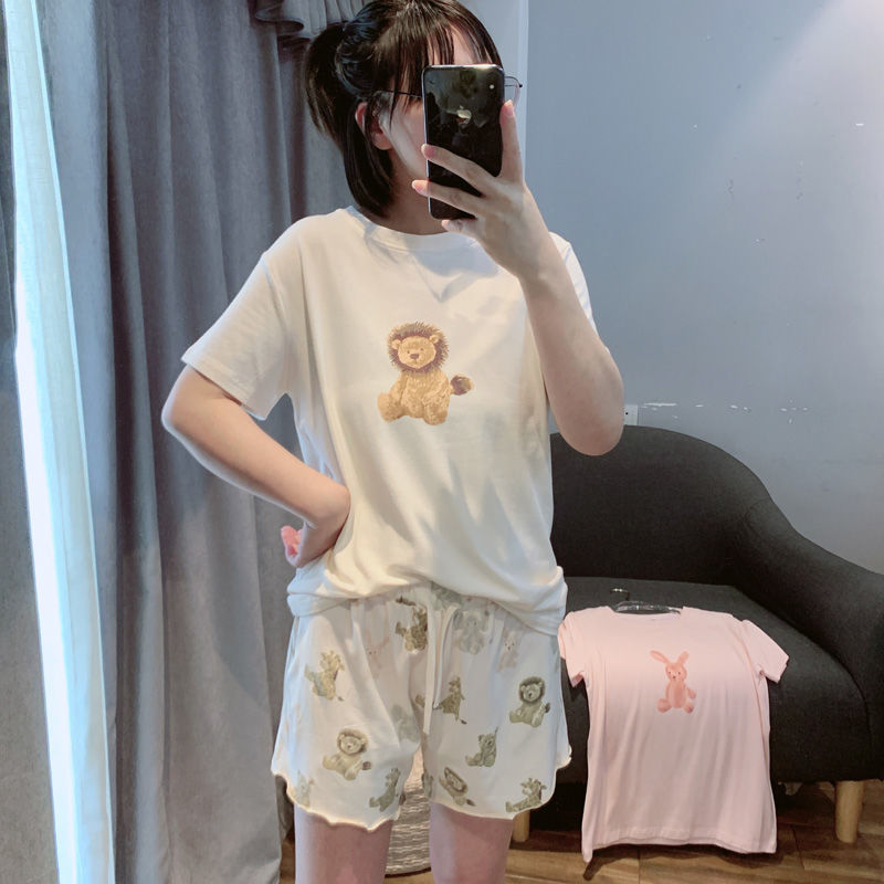 冰激凌睡衣女夏短袖短裤莫代尔日系兔子狮子印花家居服套可外穿