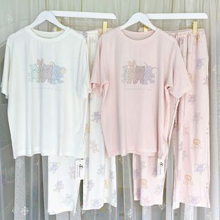 套装 夏季 宽松家居服薄款 长裤 日系莫代尔棉睡衣女可爱卡通动物短袖