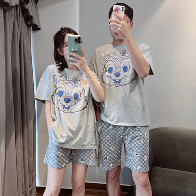 日系可爱卡通松鼠夏莫代尔棉短袖短裤宽松家居服套装男女情侣睡衣