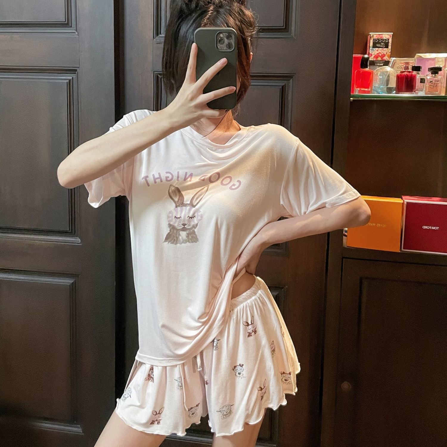 大码睡衣少女夏可外穿日系莫代尔棉圆领短袖短裤宽松卡通甜美家居