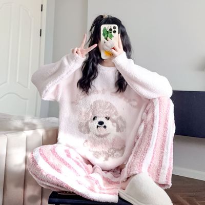 25新款日系卡通软绵绵睡衣女秋冬加厚半边绒套装保暖家居服可外穿