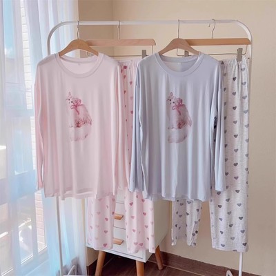 春秋新款日系睡衣女莫代尔棉长袖长裤可爱家居服薄款宽松柔软套装