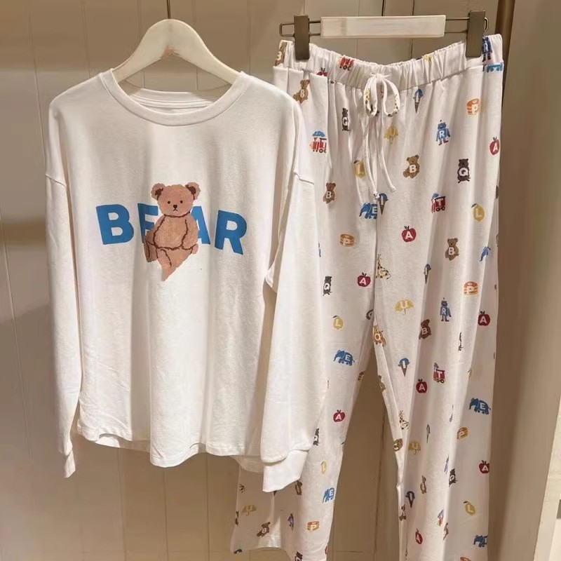 春秋柔软莫代尔棉睡衣女日系可爱宽松卡通睡裙小熊长袖长裤透气