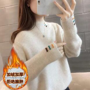 新款少女学院风半高领套头加绒毛衣女2024秋冬初高中学生洋气内搭