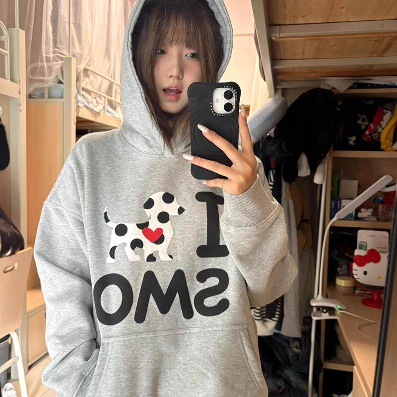 加绒加厚连帽卫衣女士2025新款爆款灰色秋冬美式覆古小个子外套潮